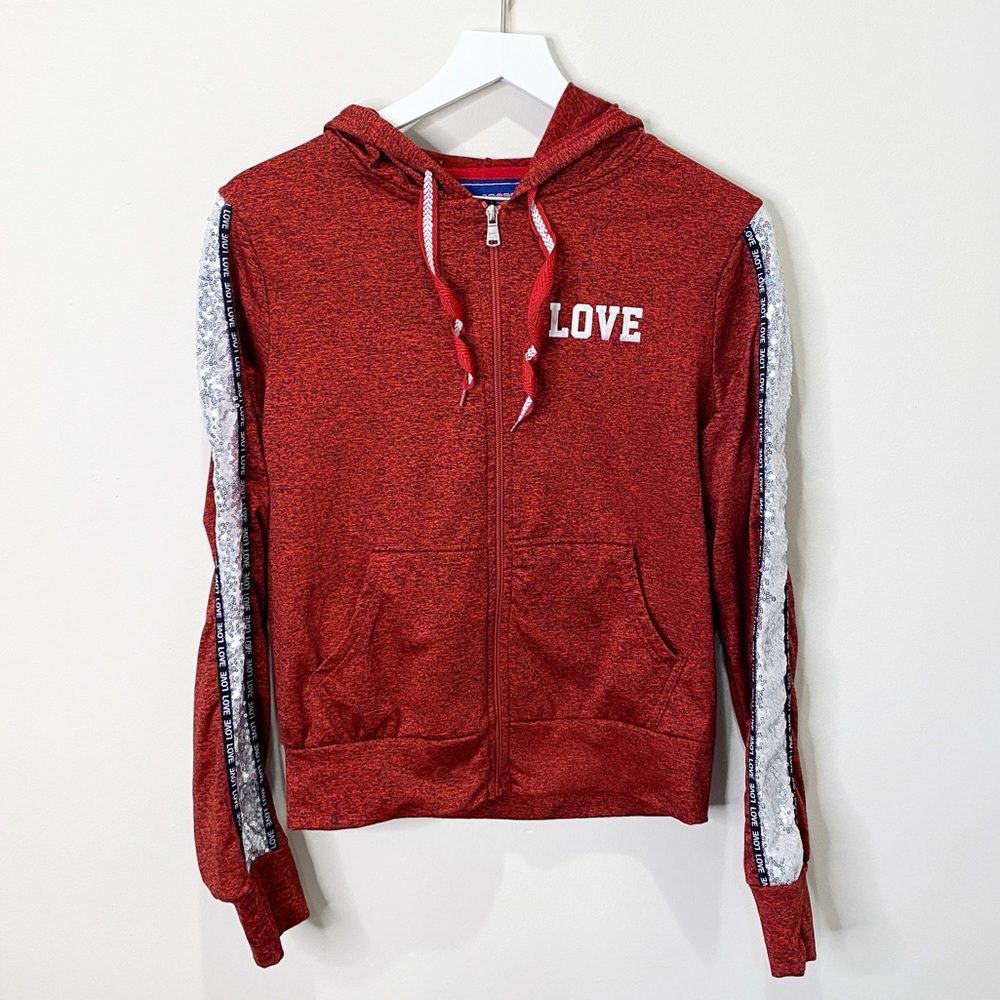 AQ Sport Sequin Sleeve LOVE Red & Blue Heathered Hoodie Zip Up Sweatshirt